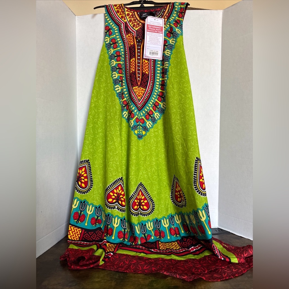ESY Studio EY Boho Tunic Summer Maxi Dress Sleeveless African Print OS NEW Green